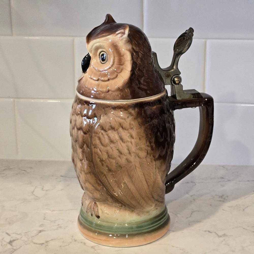 Vintage Owl Ceramic Beer Stein Lidded Mug Brown Tan Figural Wildlife Decor
